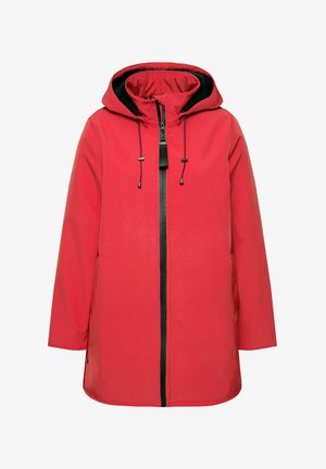 Rød vandtæt jakke med hætte, frontlukning med lynlås og sorte detaljer. Har lange ærmer og en afslappet pasform, lavet af glat, holdbart materiale.
