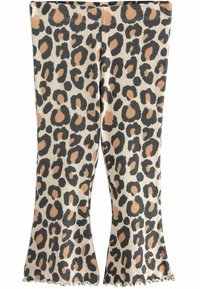 Pantaloni a campana in tessuto a coste con stampa animalier leopardata, caratterizzati da uno sfondo beige con macchie marroni e nere, e un orlo scallop.