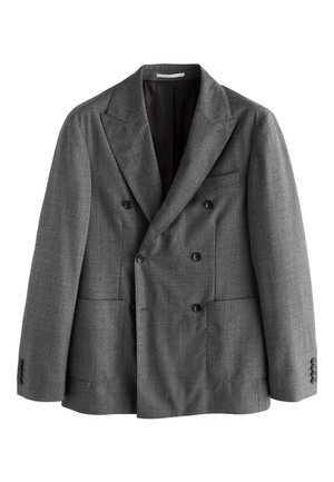 Blazer grigio doppiopetto con rever a pistagna, quattro bottoni su ogni polsino, due tasche frontali applicate e taschino sul petto, mostrato su sfondo bianco.