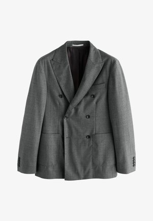 Blazer grigio doppiopetto con rever a pistagna, quattro bottoni su ogni polsino, due tasche frontali applicate e taschino sul petto, mostrato su sfondo bianco.