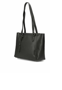 Schwarze Leder-Tote mit zwei langen Tragegriffen, einer glatten Textur und minimaler Hardware. Verfügt über ein Logo-Detail an der Seite.