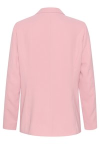 Světle růžový blazer s lapelovým límcem, dlouhými rukávy a hladkou texturou. Má přiléhavý střih a čistý design zadní části bez ozdob.