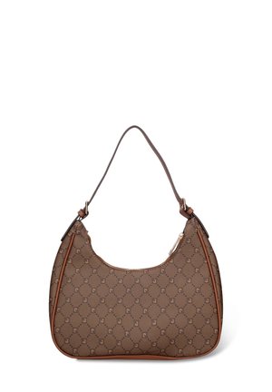 Borsa a tracolla marrone con motivo e forma curva. Presenta una chiusura con zip, dettagli in pelle decorati e una tracolla singola regolabile.