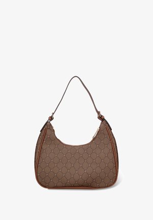 Braune Schultertasche mit Muster und geschwungener Form. Verfügt über einen Reißverschluss, verzierte Lederakzente und einen einzelnen verstellbaren Riemen.