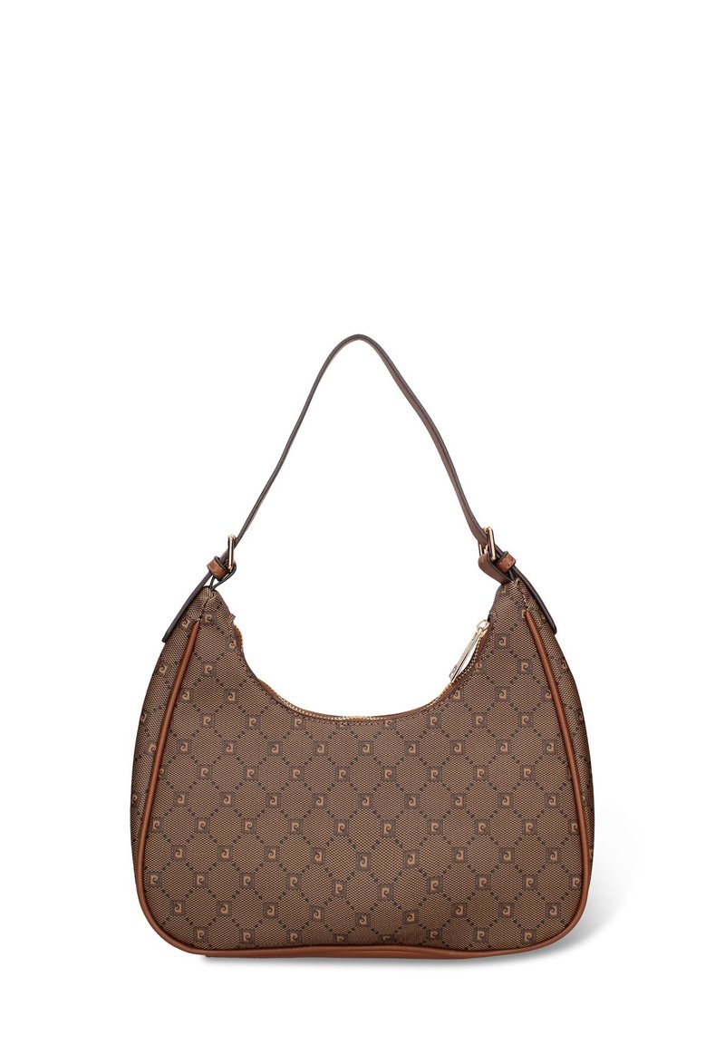 Bruine schoudertas met patroon en een gebogen vorm. Voorzien van een ritssluiting, versierde leren accenten en een enkele verstelbare riem.