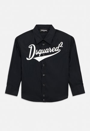 Camicia nera a maniche lunghe con bottoni davanti, con logo bianco "Dsquared²" sul petto e colletto appuntito, taglia etichettata 4Y.