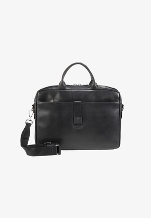 Sort läder dokumentmappe med toppe håndtag og en aftagelig rem. Glat overflade med en frontklap og logo detalje. Lynlås lukning.
