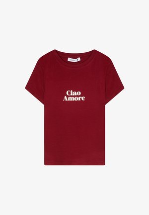 Bordowy bawełniany t-shirt z krótkim rękawem i okrągłym dekoltem. Na przodzie znajduje się biały napis "Ciao Amore".