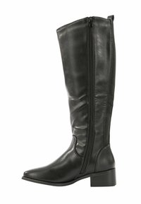 Stivali neri in pelle al ginocchio con punta affusolata, zip laterale e tacco a blocco. Texture liscia e design aderente per un aspetto elegante.
