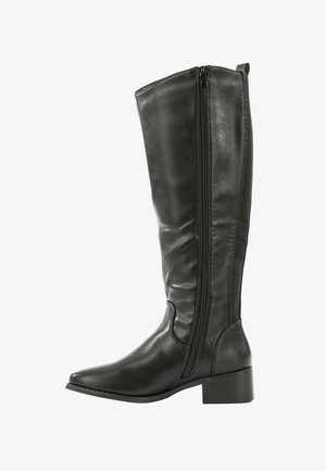 Stivali neri in pelle al ginocchio con punta affusolata, zip laterale e tacco a blocco. Texture liscia e design aderente per un aspetto elegante.