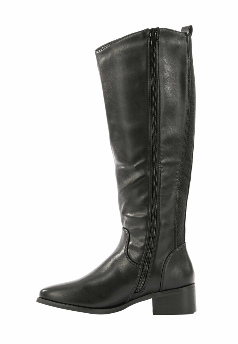 Stivali neri in pelle al ginocchio con punta affusolata, zip laterale e tacco a blocco. Texture liscia e design aderente per un aspetto elegante.
