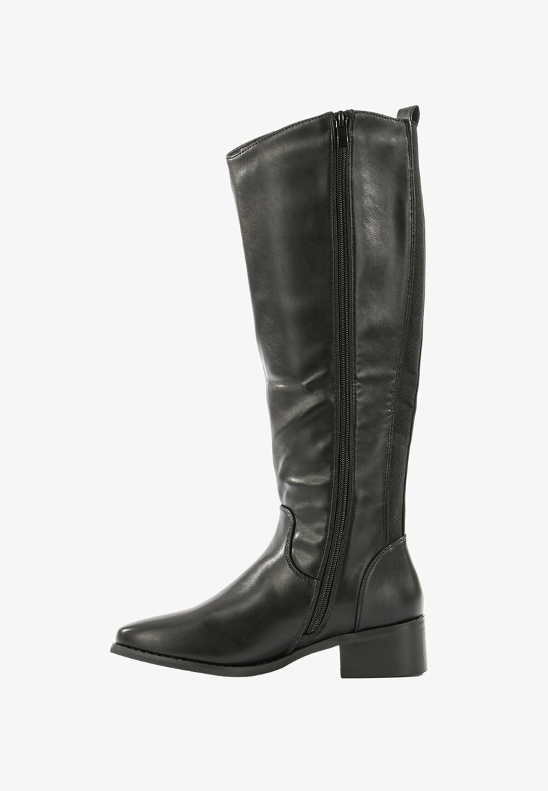 Stivali neri in pelle al ginocchio con punta affusolata, zip laterale e tacco a blocco. Texture liscia e design aderente per un aspetto elegante.