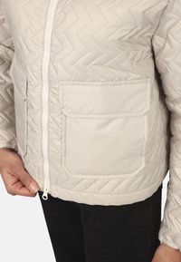 Giacca trapuntata color beige chiaro con motivo a zigzag, chiusura con zip e due tasche frontali. Il tessuto appare liscio con una finitura morbida.
