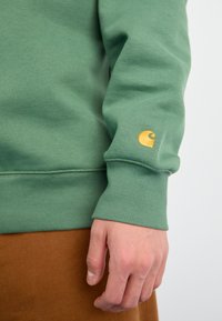 Felpa verde in cotone con polsini a costine, caratterizzata da un piccolo logo dorato sul soffietto sinistro. Tessuto marrone visibile nella parte inferiore.