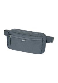 Gray fabric waist bag with a rectangular shape, front zip pocket, brand logo, and an adjustable strap. Textured, sturdy material.
