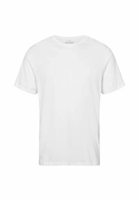 Navadna bela kratka majica z okrolim ovratnikom, prikazana na nevtralnem ozadju, sprednji pogled, brez vidnih logotipov ali vzorcev.