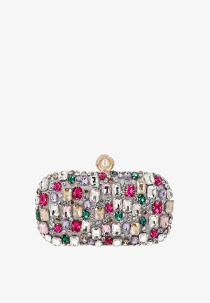 Rechteckige Clutch, bedeckt mit mehrfarbigen rechteckigen und runden Edelsteinen, mit einem runden Perlenverschluss oben.