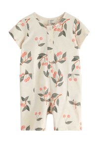 Romper corto beige chiaro a maniche corte con motivo a ciliegie rosa e foglie, dotato di una chiusura frontale con bottoni e due tasche laterali.