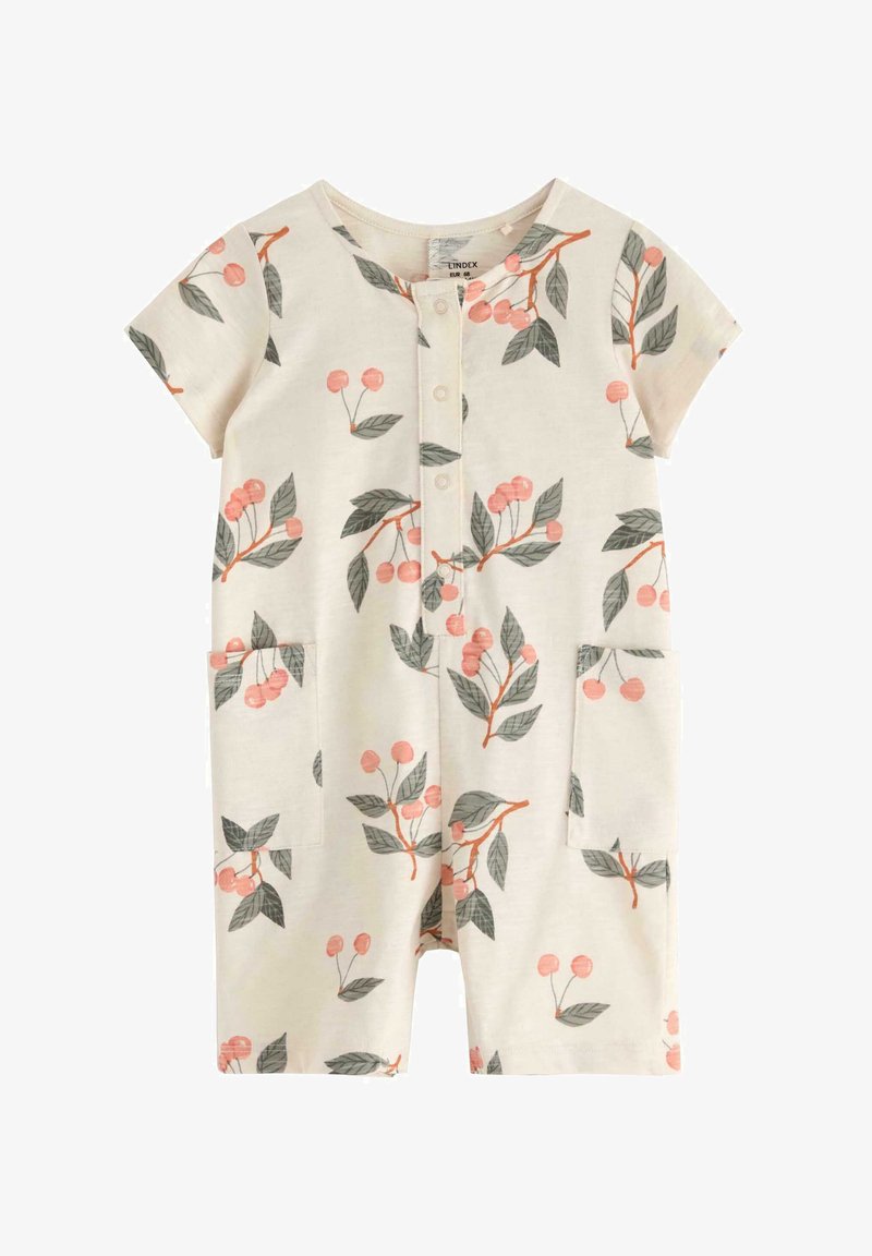 Licht beige short-sleeve romper met een roze kers en bladerenpatroon, voorzien van een knoopsluiting aan de voorkant en tweezijzakken.