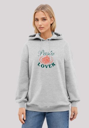 Gray hoodie made of soft material featuring a graphic design with the text "Pasta Lover" and an illustration of pasta. Loose fit with a hood.