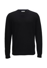 Schwarzer gestrickter Pullover mit rundem Halsausschnitt, langen Ärmeln sowie gerippten Bündchen und Saum. Glatte Textur, schlichtes Design, keine sichtbaren Muster oder Akzente.