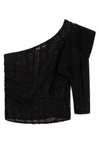 Top in pizzo nero con design a spalla unica, caratterizzato da una manica voluminosa, lato arricciato e motivo floreale intricato. Texture semi-trasparente.