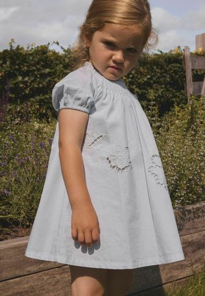 Jeune fille en robe bleu clair avec broderies florales se tenant à l'extérieur près de plantes de jardin et de bordures en bois, l'air sérieux.