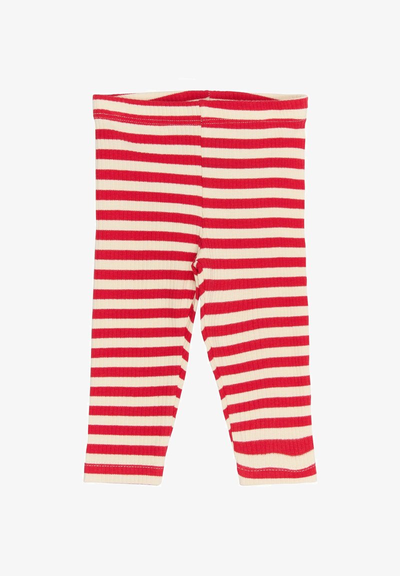 Crveno-bijele prugaste tajice od rebrastog materijala, s elastičnom gumicom u struku i prihvaćenim krojem.