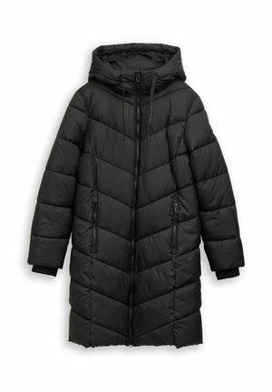 Lange zwarte pufferjas met kap, ritssluiting aan de voorkant, twee ritssluitbare zijzakken en geribde manchetten.