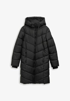 Lange zwarte pufferjas met kap, ritssluiting aan de voorkant, twee ritssluitbare zijzakken en geribde manchetten.