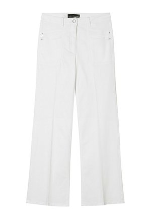 Weiße Hosen mit weitem Bein, Fronttaschen, Gürtelschlaufen, Knopfverschluss und Luisa Cerano Markenetikett am Bund.