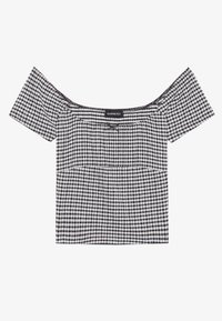 Black and white gingham off-the-shoulder top with short sleeves and gathered texture. Features a straight neckline and fitted bodice.