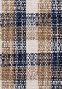 Textilstoff mit einem Karomuster in Marineblau, Beige und Creme. Zeigt verschiedene Gewebe mit einer strukturierten Erscheinung und ausgeprägten Farbkombinationen.