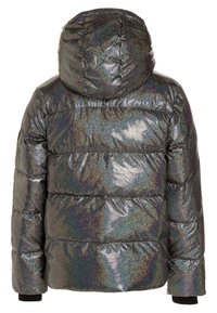 Holografisch donsjack met capuchon, doorgestikt ontwerp, geribbelde manchetten en een metalen afwerking die van kleur verandert afhankelijk van het licht.