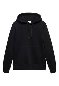 Sweat-shirt noir avec capuche, cordons de serrage et poche avant. Confectionné en tissu doux, doté de poignets côtelés et d'une coupe décontractée.