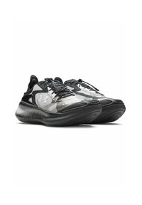 Black and gray athletic shoes with a mesh upper, textured sole, and laces. Features a logo on the side and a distinct, curved design.