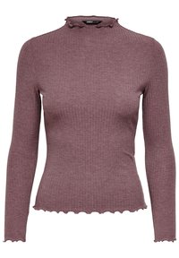 Langärmliges Rippoberteil in staubigem Rosa mit hohem Kragen und Rüschekante. Weicher Stoff mit taillierter Silhouette und gewelltem Saum.