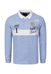 Light blue long-sleeve polo shirt, features white horizontal stripe, embroidered logos, number "1," and a textured fabric with a collar.