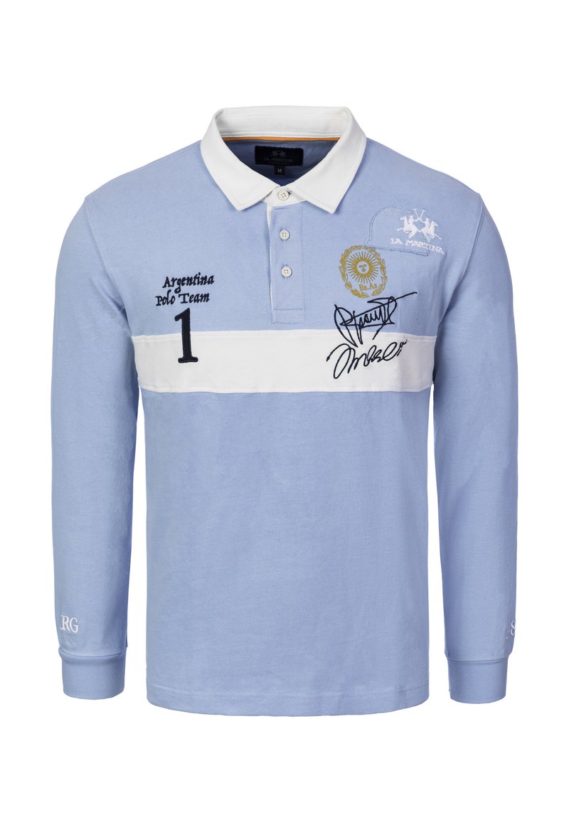 Light blue long-sleeve polo shirt, features white horizontal stripe, embroidered logos, number "1," and a textured fabric with a collar.