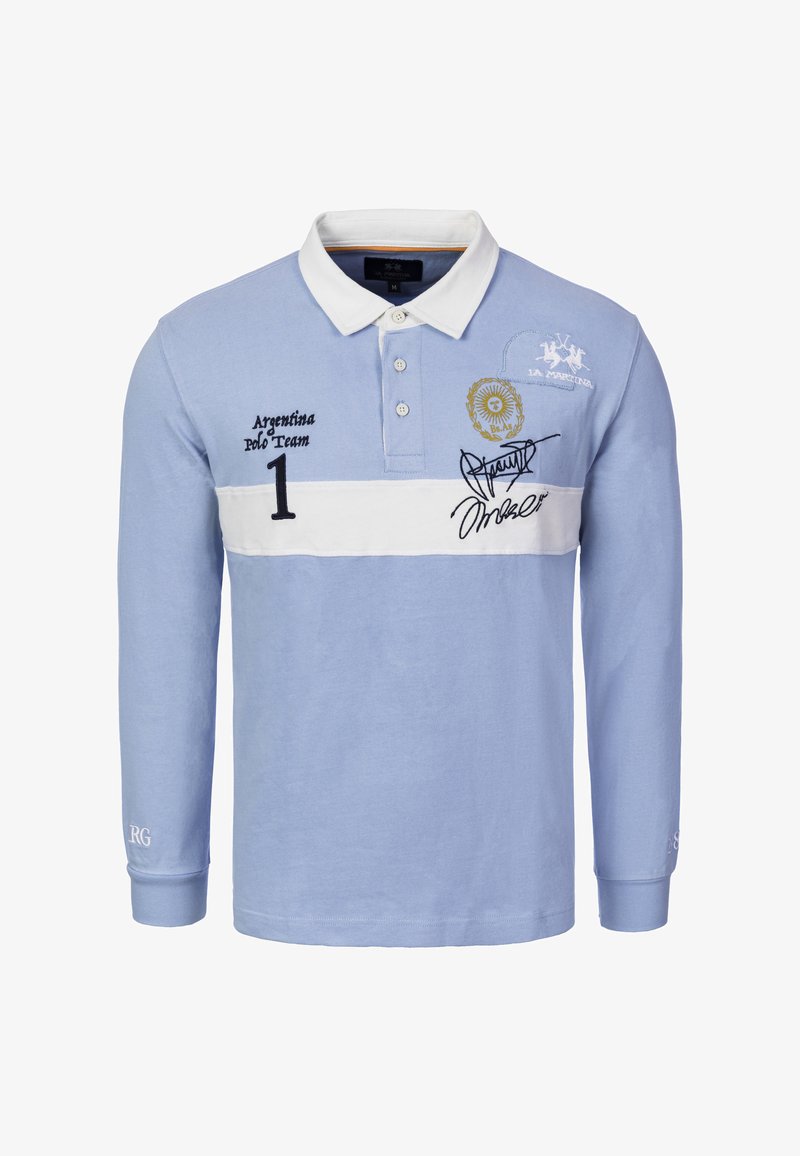 Light blue long-sleeve polo shirt, features white horizontal stripe, embroidered logos, number "1," and a textured fabric with a collar.