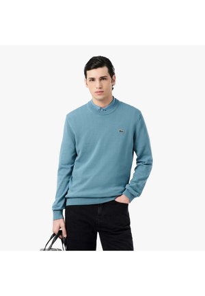 Junger Mann trägt einen blauen Rundhalsausschnitt-Pullover und schwarze Hose, hält eine schwarz-weiß gestreifte Tasche in der linken Hand.