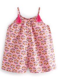 Combinaison florale rose avec un décolleté froncé, des bretelles réglables et des pompons roses. Le design présente des motifs de fleurs jaunes et roses en répétition.