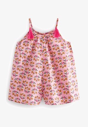 Combinaison florale rose avec un décolleté froncé, des bretelles réglables et des pompons roses. Le design présente des motifs de fleurs jaunes et roses en répétition.