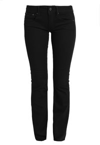 Jeans neri slim-fit con chiusura a bottone e cerniera, tasche anteriori e posteriori, esposti su uno sfondo bianco.
