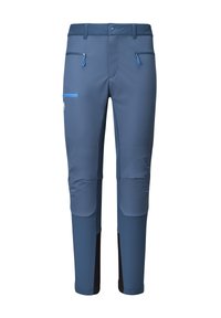 Pantalons techniques bleu et noir avec fermeture éclair à l'avant et poches au niveau des cuisses, conçus pour les activités de plein air avec des sections renforcées aux genoux et bas des jambes.