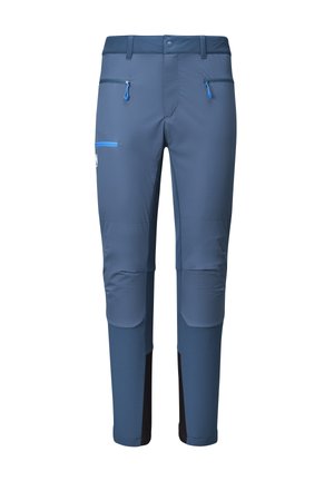 Pantalons techniques bleu et noir avec fermeture éclair à l'avant et poches au niveau des cuisses, conçus pour les activités de plein air avec des sections renforcées aux genoux et bas des jambes.
