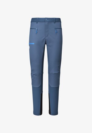 Pantalons techniques bleu et noir avec fermeture éclair à l'avant et poches au niveau des cuisses, conçus pour les activités de plein air avec des sections renforcées aux genoux et bas des jambes.