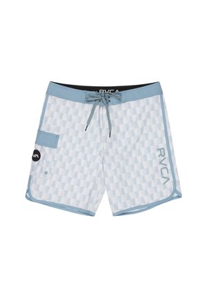 Jasnoniebieskie i białe kąpielówki w wzory, z boczną kieszenią, sznurkiem w talii i logo RVCA na lewej nodze.