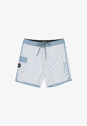 Jasnoniebieskie i białe kąpielówki w wzory, z boczną kieszenią, sznurkiem w talii i logo RVCA na lewej nodze.