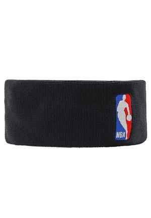 Black knitted headband featuring an embroidered NBA logo in red, white, and blue on the side. Soft texture, cylindrical shape, and stretchy fit.